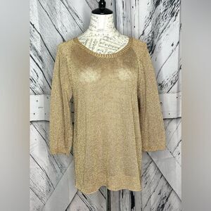 One 7 Six Gold Metallic Knit Crewneck Sweater 3/4 Sleeves Sz. M